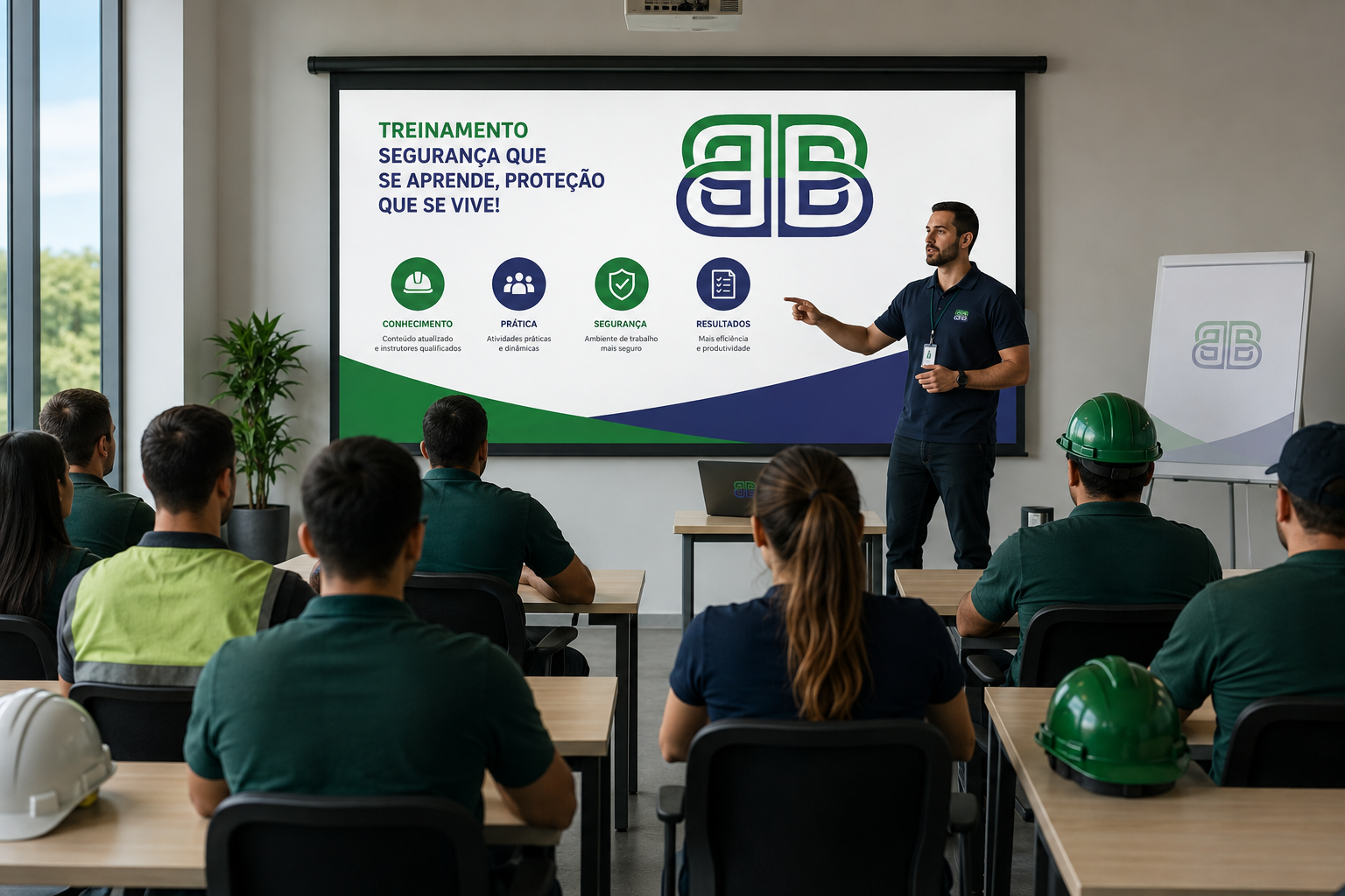 Treinamento de segurança do trabalho com colaboradores em sala de aula