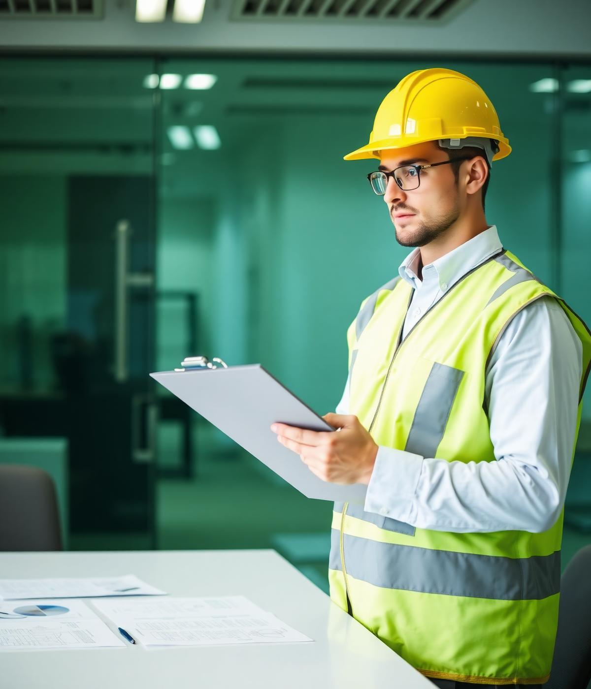 Engenheiro de segurança do trabalho analisando documentos técnicos de SST